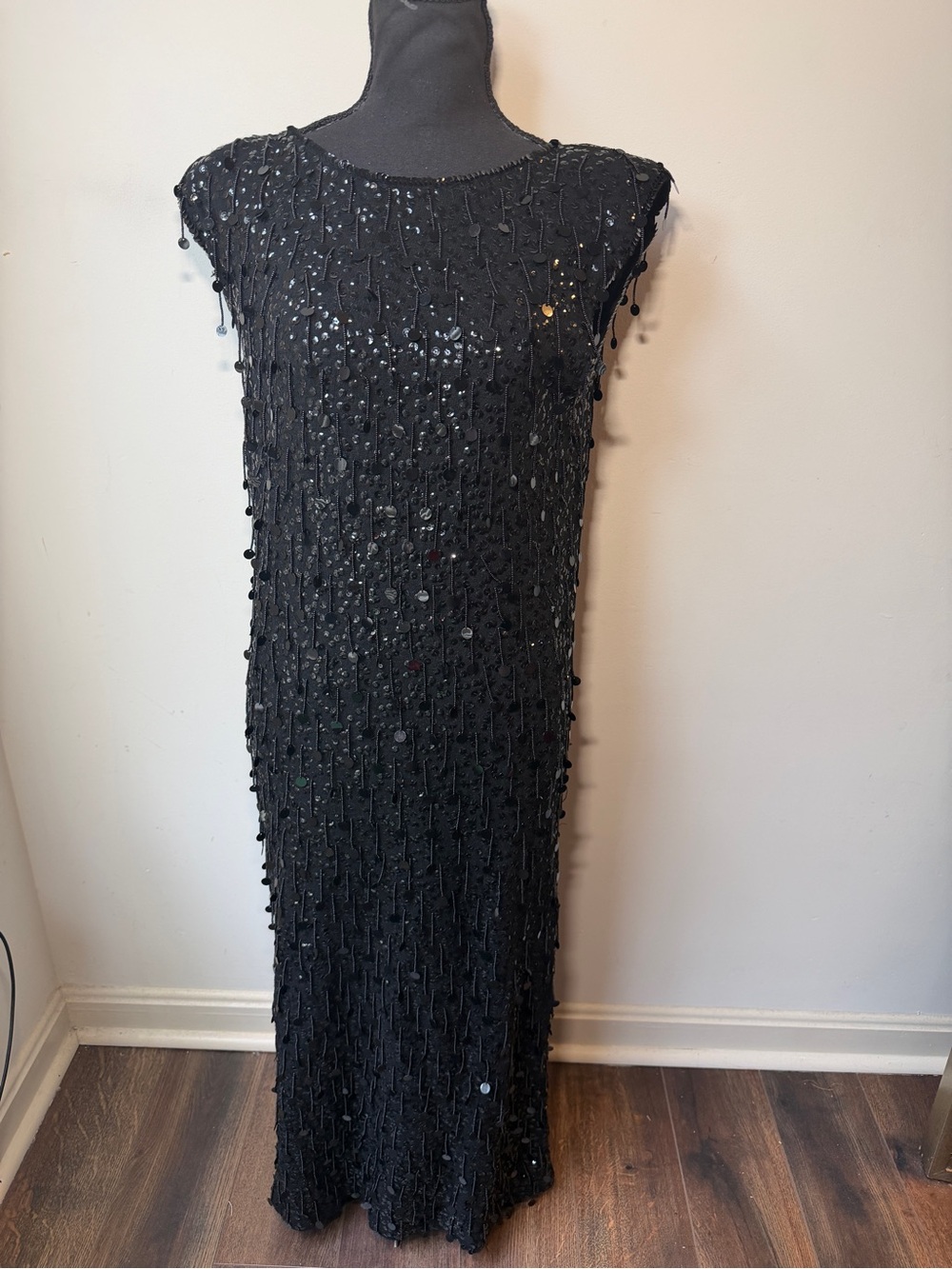 Adrienne Vittadini Black Sequin Beaded Evening Gown Maxi Dress Wool M Vintage